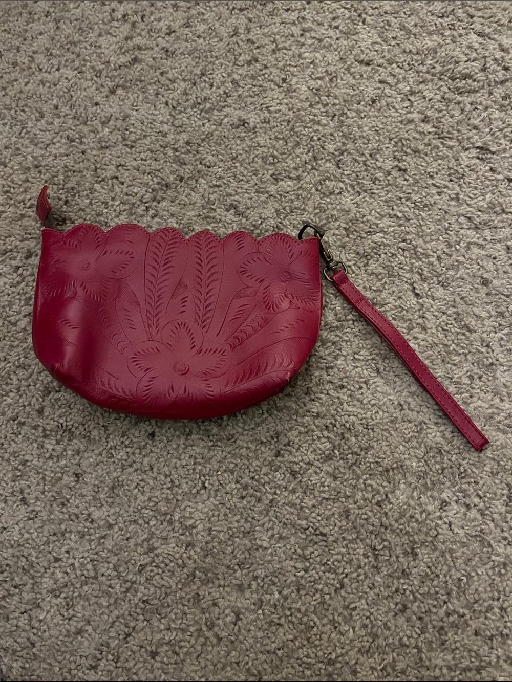 Pink Floral-Embossed Wristlet Clutch with Detachable Strap